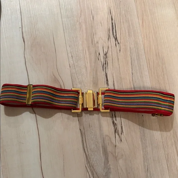Vtg Gold-Tone Red Multi-Stripe Elastic Waist Belt, Sz Sm/Med - Picture 1 of 7